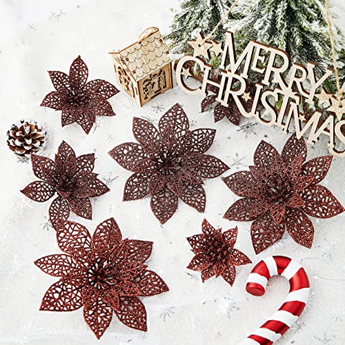 Wironlst 24 Pieces Glitter Poinsettia Flowers Christmas Tree Ornaments, Glitzy Poinsettia Bushes Christmas Decorations for Xmas/Holiday/Seasonal/Wedding (Brown) - color: Brown