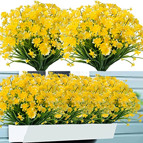 Outdoor Artificial Daisies Flowers,20 Bundles UV Resistant Fake Flowers Outdoor Faux Plastic Flowers Plants Shrubs for Indoor Outside Decoration(Yellow) - color: Yellow, size: 20 Bundles