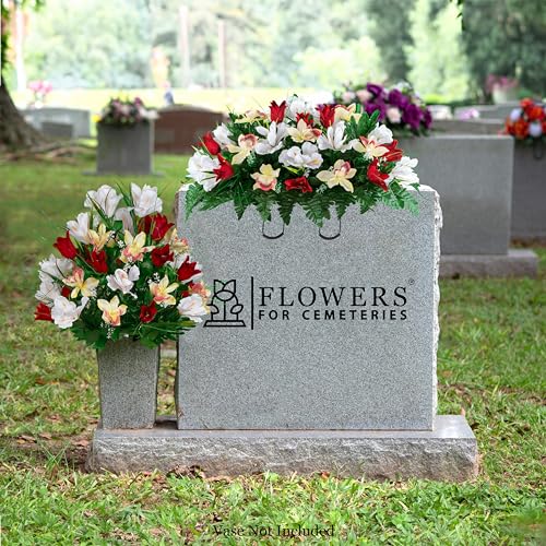 Sympathy Silks Artificial Cemetery Flowers - Grave Decoration - Red Tulips and White Iris (1) Headstone Saddle (1) Bouquet - color: Red/White, size: (1) Saddle (1) Bouquet