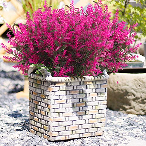 RECUTMS 8 Bundles Artificial Outdoor Lavender Flowers Fake Outside Plants | 13.8",UV Resistant Greenery,Plastic Shrubs,Faux Ferns,Spring Summer Decor,Indoor/Outdoor Hanging Decorations - color: Fuchsia, size: 8 Bundles