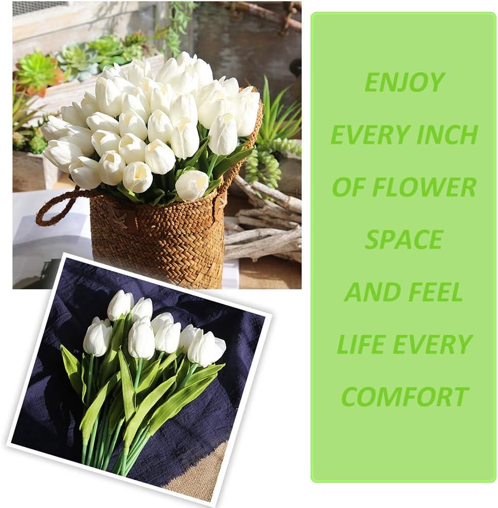 30pcs Real Touch Tulips PU Artificial Flowers, Fake Tulips Flowers for Arrangement Wedding Party Easter Spring Home Dining Room Office Decoration. (White) - color: White