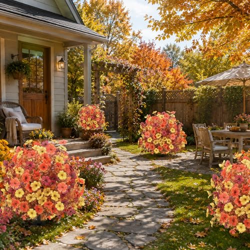 Artificial Topiary Ball Trees, Orange Flower | Ground Spikes, UV Resistant, Faux Greenery Shrubs, For Garden Porch Yard Patio Decor - color: Orange Flower