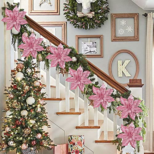 Briful 9'' Christmas Poinsettia Flowers 8PCS Pink Glitter Artificial Flowers Large Christmas Ornament Flowers for Xmas Tree Wreath Garland Decoration - color: Pink