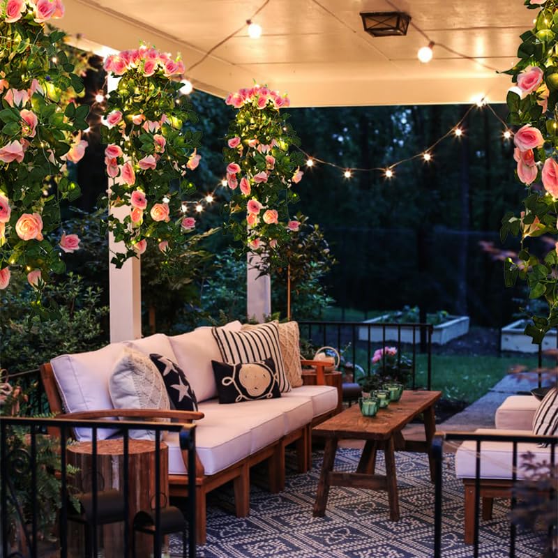 RECUTMS Hanging Flowers Artificial Rose Flower 2PCS 3.3Ft for Outdoors with 30 LED Fairy String Lights Fake Outdoor (Pink) - color: Pink, size: 2 pcs light