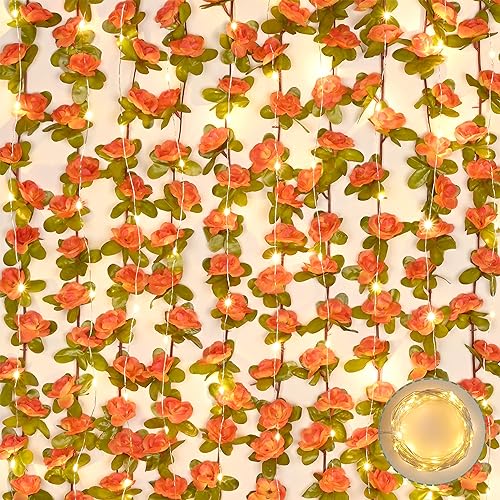 BLEUM CADE 5Pcs 41Ft Flowers Garland Artificial Rose Vines with 32.8Ft String Lights, Cute Fake Hanging Flower Vines Floral Garland Decorations for Wedding Party Wall Room Decor Aesthetic - color: Orange With Lights, size: 5 Pcs