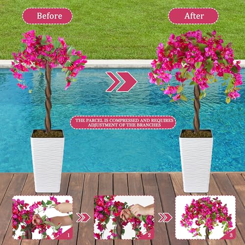 Artificial Bougainvillea Tree 4FT, Fake Silk Floral Tree with White Planter, Decorative Topiary Plant, Potted Faux Flower Tree for Home Porch Decor Indoor Outdoor - color: Rose Red, size: 4ft