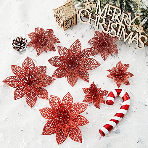 Wironlst 24 Pieces Glitter Poinsettia Flowers Christmas Tree Ornaments, Glitzy Poinsettia Bushes Christmas Decorations for Xmas/Holiday/Seasonal/Wedding (Red) - color: Red