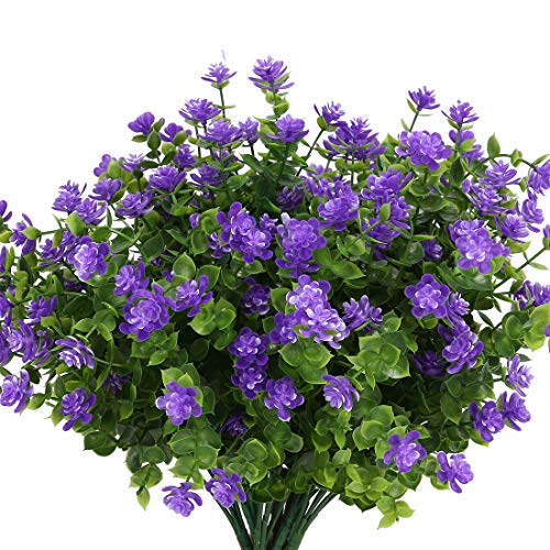 6 Bundles Artificial Flowers, Fake Artificial Greenery UV Resistant No Fade Faux Plastic Plants for Wedding Bridle Bouquet Indoor Outdoor Home Garden Kitchen Office Table Vase (Purple) - color: Purple