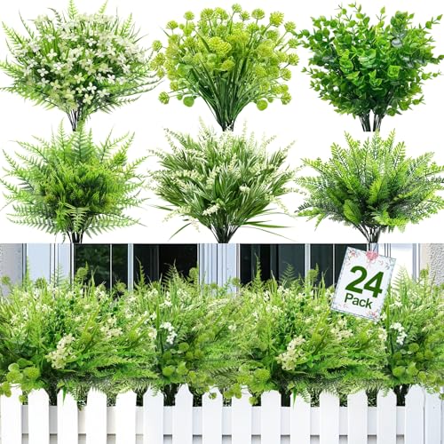 24 Bundles 6 Styles Artificial Plants Flowers for Outdoors Spring Summer Decor, UV Resistant No Fade Faux Plants Plastic Greenery Shrubs, Fake Fern Lavender Boxwood for Gardens Porch Yards Home Decor - size: 24 Pack
