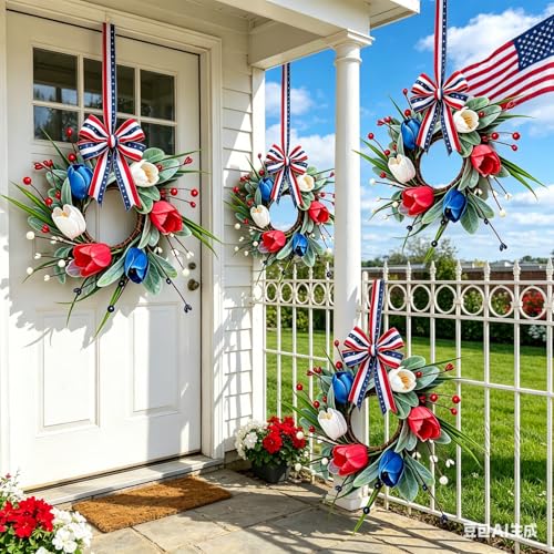 6 Pcs Patriotic Wreath Mini 4th of July Hanging Wreaths for Cabinets Artificial Red White Blue Tulip Berries Memorial Day Wreaths Pillar Candle Holder Wreath for Independence Day Porch Wall Decor - color: Patriotic-4