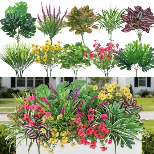 Dremisland 20 Bundles Fake Flowers Artificial Plants for Outdoors UV Resistant Faux Greenery Stems Silk Flowers Realistic Plastic Ferns Shrubs Plants for Planter Garden Patio Window Box Home Decor - color: With Flower