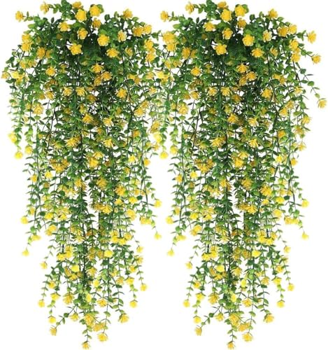 Artificial Hanging Flowers for Outdoor Indoor Decor , 6 packs Fake Eucalyptus Vine Faux Flower Greenery Garland Plastic Plants Outside UV Resistant Wall Garden Wedding Home Party Decor (Yellow) - color: Yellow