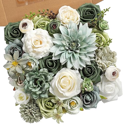 YYHUAWU Artificial Flowers Combo Set Fake Flower Leaf Box with Stems for DIY Wedding Bouquets Centerpieces Arrangements Baby Shower Party Home Decorations (Tiffany Blue & Forest Green) - color: Light Blue & Forest Green