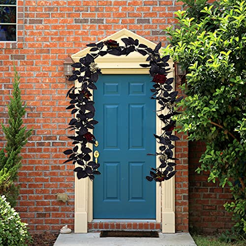 TITA-DONG 70.9 Inch Halloween Red Rose Vine Fake Floral Wall Hanging Ornaments, Artificial Rose Vine Fake Flower Plants,Black Silk Flower Garland for Halloween Decor(#1)