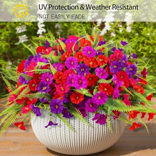 Artificial Flowers for Outdoors 12 Bundles UV Resistant Artificial Petunias Fake Flowers Shrubs Plants with Fern for Indoor Outside Hanging Planters Home Garden Spring Summer Decorations - color: Mixed