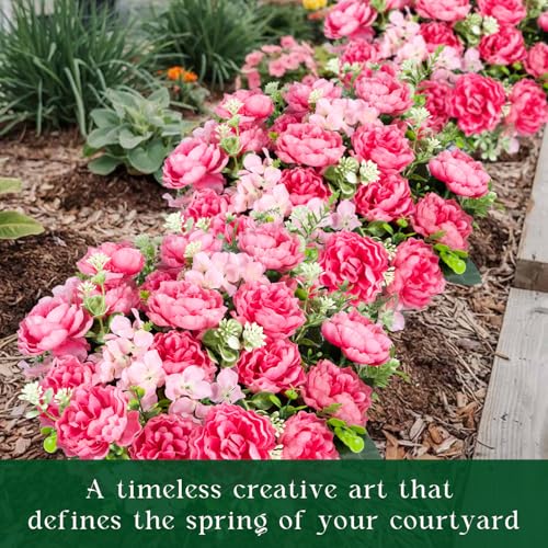 6 Bundles Peonies Artificial Flowers for Outdoors UV Resistant Faux Peony with Hydrangea Fake Flowers Silk Flowers for Outside Front Porch Garden Window Box Planters Decor (Pink) - color: Pink