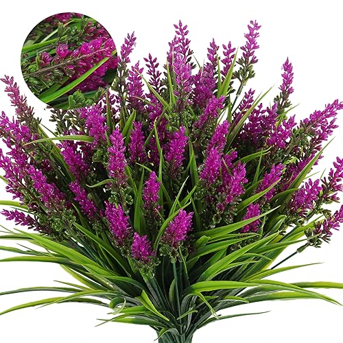 RECUTMS 12Pcs Artificial Plants Outdoor Fake Monkey Grass with Flowers for Pot Garden Verandah Decor for Window Garden Office Patio Hanging Planter Pathway Front Porch (Fuchsia) - color: Fuchsia