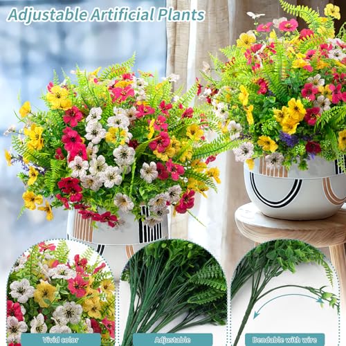 12 Bundles 6 Styles Artificial Flowers for Outdoors, Fake Plants Flower UV Resistant No Fade Colorful Flowers Plastic Plants Daisy Lavender Boston Fern Faux Greenery for Outside Garden Porch Decor - color: White&yellow&rose Red, size: 12PCS