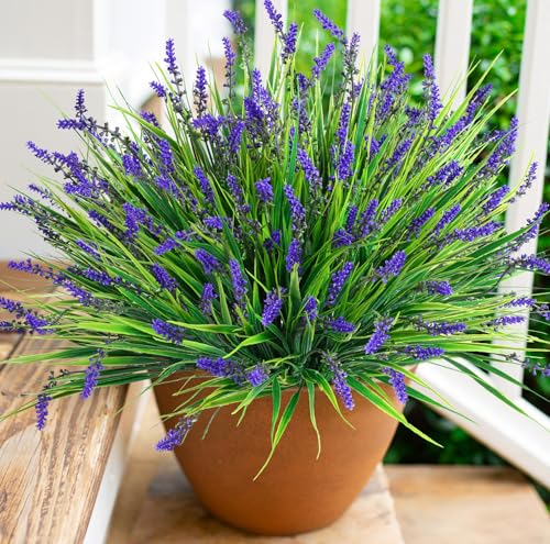 Artificial Fake Outdoor Plants Flowers for Decoration,10 Bundles 16.5" UV Resistant Plastic Tall Realistic Faux Monkey Grass Greenery Stems for Home Outside Planter Window Porch Patio Garden-Purple - color: Purple