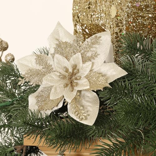 Alupssuc 24 PCS 3 Styles 6'' Poinsettia Christmas Flowers Artificial, Glitter Artificial Flower, Christmas Decorations for Xmas Tree Party Wreath Fireplace, New Year Ornaments, Champagne Gold - color: Champagne Gold