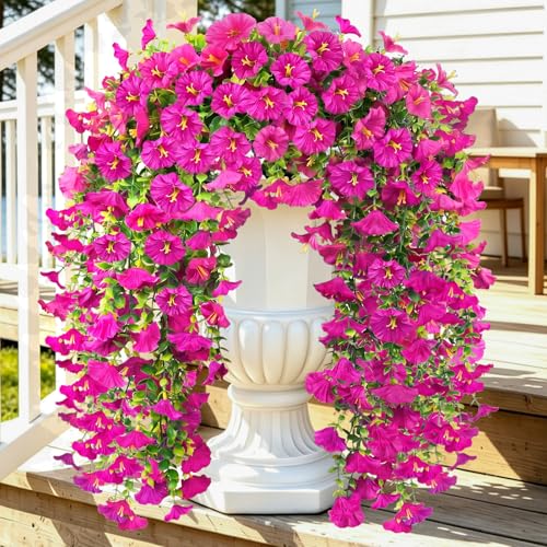 Artificial Hanging Flowers for Outdoor, 4Pcs UV Resistant Faux Morning Glory Flower Spring Summer Decroation, No Fade Fake Flower Trailing Vine for Porch Patio Balcony Yard Garden (Light Purple) - color: Lotus