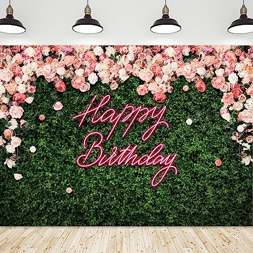 Riyidecor Happy Birthday Backdrop Vinyl for Women Neon Flower Wall Pink Rose Green Leaves Floral Blossom Botanical Plant Nature 10Wx8H Feet Girls Photography Background Birthday Photo Studio Shoot - color: A-Birthday （Green Rose）, size: 10Wx8H