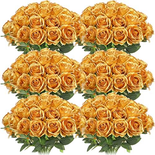 Jexine 50 Pcs Artificial Rose Flower Bulk Realistic Silk Fake Roses with Long Stem Plastic Artificial Flower Bouquet Real Looking for Home Wedding Centerpieces Party Decoration(Gold) - color: Gold
