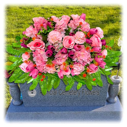 FLOWERIA Sympathy Flower for Headstone - Artificial Tulips Roses Grave Flowers for Cemetery Easy Fit Outdoor Decoration - color: Pink, size: Saddle