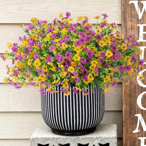 Artificial Fake Mums Flowers for Outdoor Spring Summer Decor, 12 Bundles Faux Silk Plants Daisy for Planter Pot Colorful UV Resistant Look Real for Front Door Porch Patio Outside Yard(Purple Yellow) - color: Purple Yellow