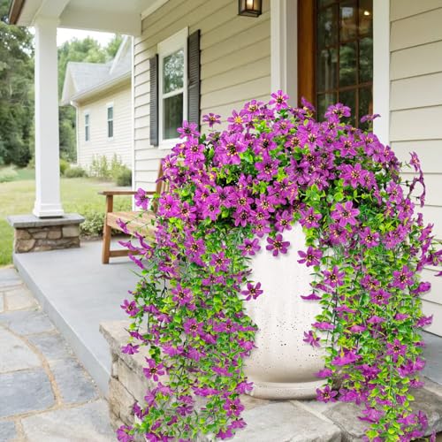 4 PCS Artificial Hanging Flowers for Outdoors, Fake Hanging Plants UV Resistant Faux Silk Daisy with Eucalyptus Leaves for Outside Home Indoor Planter Porch Patio Balcony Yard Decor (Purple) - color: Purple