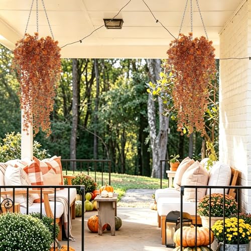SJL Artificial Hanging Mums Flowers Outdoor, Fake Hanging Fall Flowers UV Resistant Faux Mums Plants Artificial Greenery Vines for Home Garden Porch Wedding Party Decor 4Pcs (Brown) - color: Brown