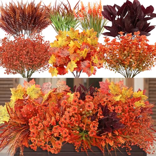 Dremisland 24 Bundles Artificial Fall Flowers for Decorations, Fake Mums Faux Plants UV Resistant Plastic Flowers for Autumn Thanksgiving Halloween Garden Yard Window Box Home Indoor Outside Decor - color: Fall Orange