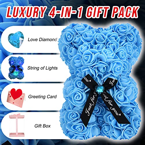 Lgv Flower Rose Bear,Romantic Gift for Valentine's Mother's Day, Christmas, Birthday,Girl Friend Her Mom Female Wife with Artificial Heart-Shaped Diamonds, Light Blue - color: Light Blue