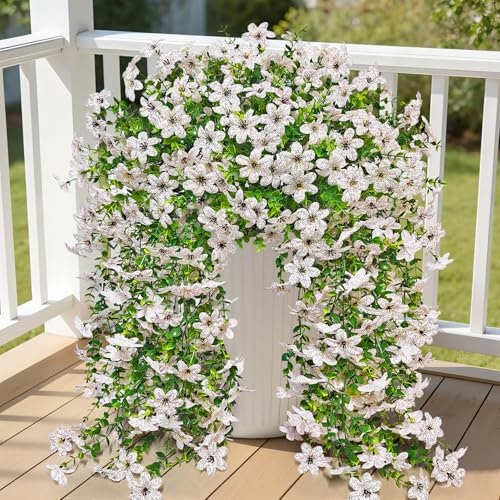 Roberly 4 Pcs Artificial Hanging Flowers for Outdoors, Realistic Faux Silk Flowers UV Resistant Fake Greenery Plants for Spring Summer Garden Porch Indoor Outdoor Home Decor, White - color: White