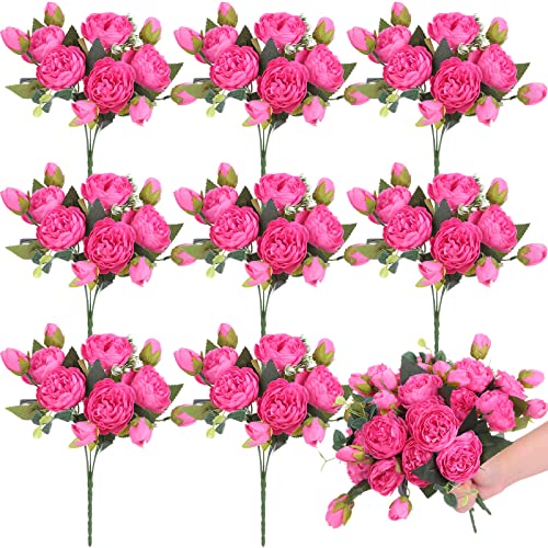 Yunsailing 8 Pack Artificial Peony Flowers Faux Silk Hydrangea Bouquet Wedding Home Table Decor Reusable Bouquet of Rose Flower for Birthday Wedding(Rose Red) - color: Rose Red, style: Peony