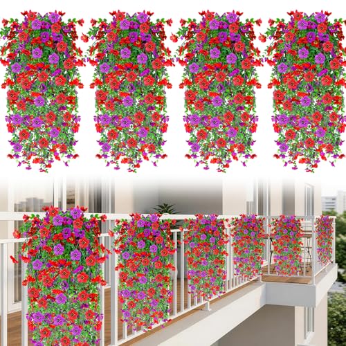 IDEVER Artificial Hanging Flowers for Outdoors Decor Silk Fake Hanging Plants No Fade Realistic Flowers for Garden Porch Balcony Ceiling Wedding Party Summer Spring Home Decor(4PCS Light Purple-Pink) - color: 4pcs Light Purple-pink