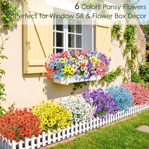 MACTING 12 Bundles Artificial Flowers for Outdoors UV Resistant Fake Pansies Outdoor Plants Plastic Flowers for Planters Window Box Front Door Porch Yard Patio Garden Summer Decorations(Mix Color) - color: Mix Color, size: 12 PCS