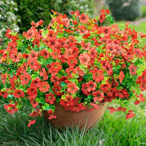 Artificial Fake Mums Plants Flowers for Outdoor Outside Fall Autumn, 12 Bundles Faux Silk Red Daisy UV Sun Resistant Look Real for Porch Patio Home Window Box Yard Planter - color: Red