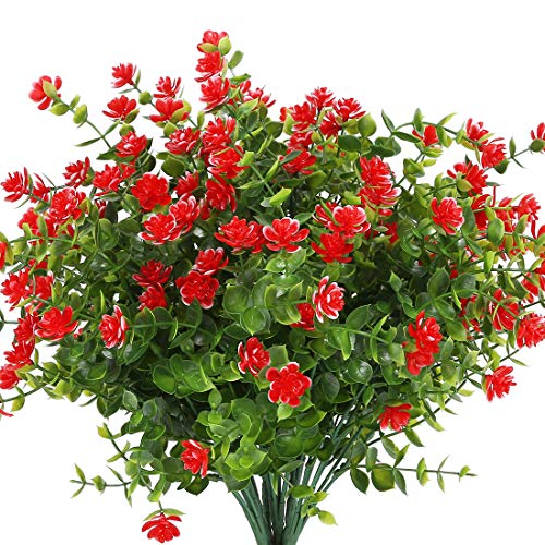 10PCS Artificial Flowers, Fake Artificial Greenery UV Resistant No Fade Faux Plastic Plants for Wedding Bridle Bouquet Indoor Outdoor Home Garden Kitchen Office Table Vase(Red) - color: Red