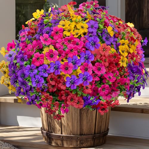 AXYLEX Artificial Flowers for Outdoors Fake Plants - 16 Bundles Faux Outside Greenery Boxwood UV Resistant Plastic Shrubs Decor (Mixed) - color: Mixed, 4 Colors Red Pink Purple Yellow