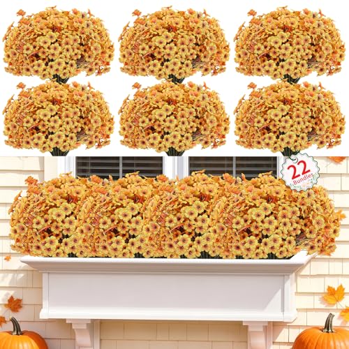 22 Pack Artificial Flowers Outdoor Fake Plants, Faux Flowers UV Resistant with Plastic Plant, Faux Silk Flowers for Outdoors Outside Front Porch Hanging Planter Window Garden Decoration(Autumn Yellow) - color: Autumn Yellow, size: 22 Bundles