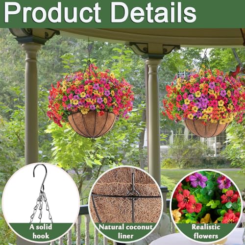 Orgrimmar 2pcs Artificial Hanging Flowers Basket Outdoor Fake Hanging Plant | UV Resistant Realistic Silk Flowers Eucalyptus in Coconut Lining Baskets for Home Porch Balcony Patio Yard Muti-Color - color: Multi Color