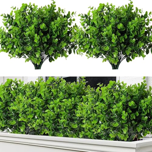 RECUTMS 8 Bundles Artificial Bushes Greenery Plants Stems Faux Shrubs Boxwood Plants Outdoor Fake Eucalyptus for Spring Summer Farmhouse Home Office Wedding Backyard Graduation Indoor Decor(Green) - color: Green, size: 8 Pcs