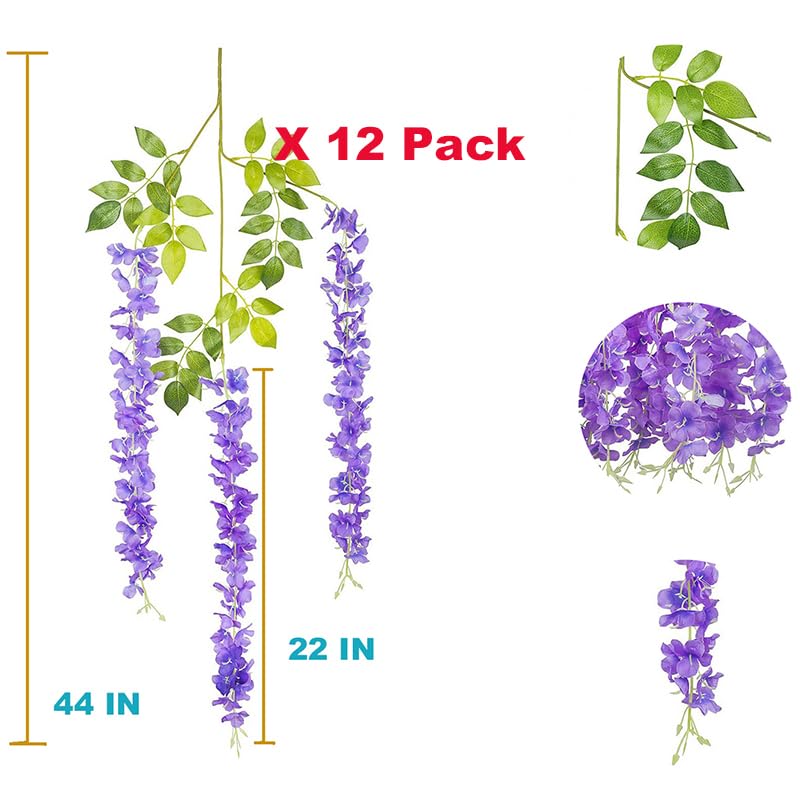 12 Pack Wisteria Flower Vines Garland, 3.75 Ft Artificial Flower Strings, Fake Hanging Flowers, Silk Wisteria Garland Flowers, Flower Vine for Wedding Garden Decor (Purple Blue) - color: Purple Blue
