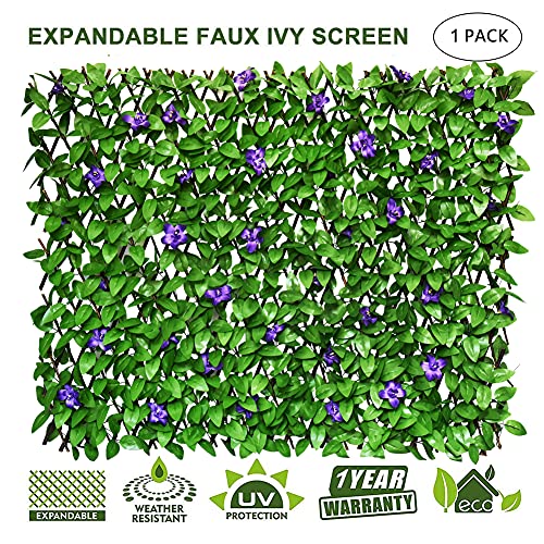 Expandable Fence Privacy Screen for Balcony Patio Outdoor,Decorative Faux Ivy Fencing Panel,Artificial Hedges (1, Purple Flower) - color: Purple Flowers