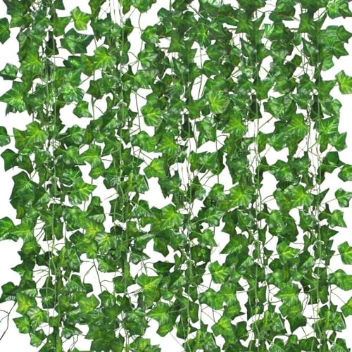 Artificial Ivy Garland 70 Ft (10 Pack) with Clips & Green Flowers – Faux Greenery Hanging Vines for Wall, Room, Garden & Wedding Decoration