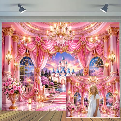 5X3ft Pink Princess Castle Backdrop Floral Curtain Chandelier Palace Photography Background Fairy Tale Wonderland for Girls Birthday Baby Shower Party Photo Booth Wall Decor Banner - color: Multi12, size: 5X3FT