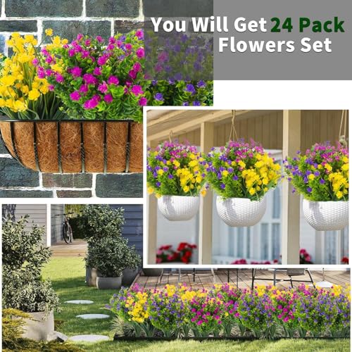 24 Bundles Artificial Flowers for Outdoors UV Resistant Spring Flowers Artificial for Decoration Fake Flowers Outdoor Artificial Plants Outdoor Plants Hanging Planter Home Garden Decor - color: 24pcs