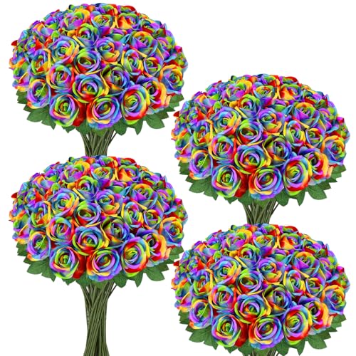 72 Pcs Artificial Roses Rainbow Fake Silk Roses Realistic Roses Faux Flower Indoor Wedding Home Decor, Birthday Decorations - color: Rainbow