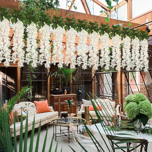 RECUTMS Artificial Lilac Flowers Garland 8Pcs-24Branches 33.5in Fake Syringa Wisteria Vines Faux Silk Lilac Hanging Floral Decoration for Indoor Outdoor Wedding Arch Birthday Party Garden (White) - color: White